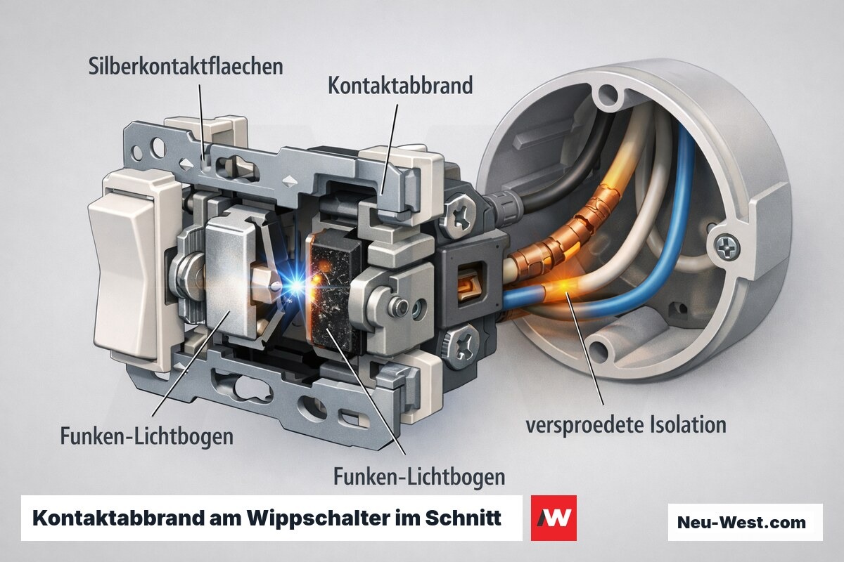 Schnitt-Illustration eines Wippschalters: geschwärzte Silberkontakte, Lichtbogen und hitzegeschädigte Leitungsisolation als Zeichen für Kontaktabbrand.
