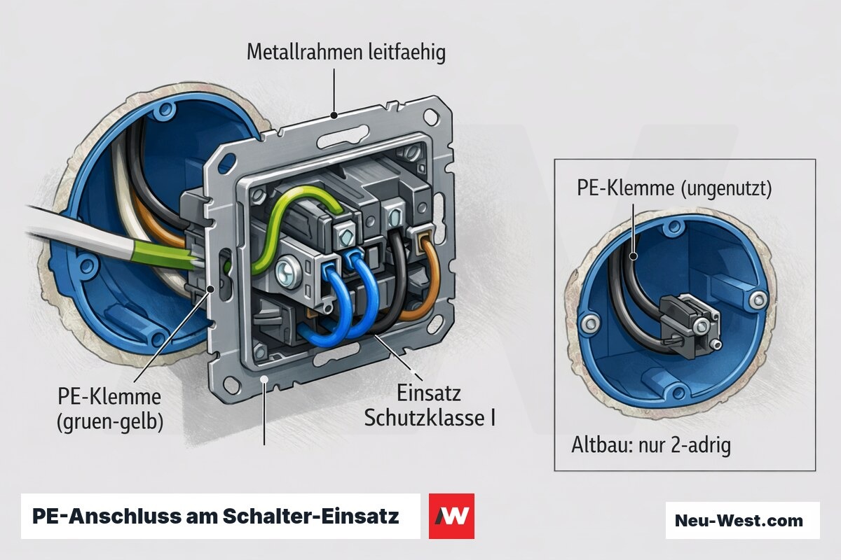 Cutaway eines Schalter-Einsatzes mit Schutzklasse I: grün-gelber Schutzleiter an PE-Klemme, Metallrahmen und Altbau-Vergleich mit 2-adriger Leitung.