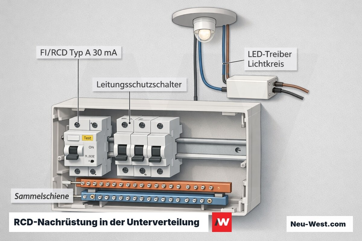 Cutaway der Unterverteilung mit RCD Typ A 30 mA, Leitungsschutzschaltern und Sammelschiene, Lichtkreis mit LED-Treiber – NEUWEST Berlin