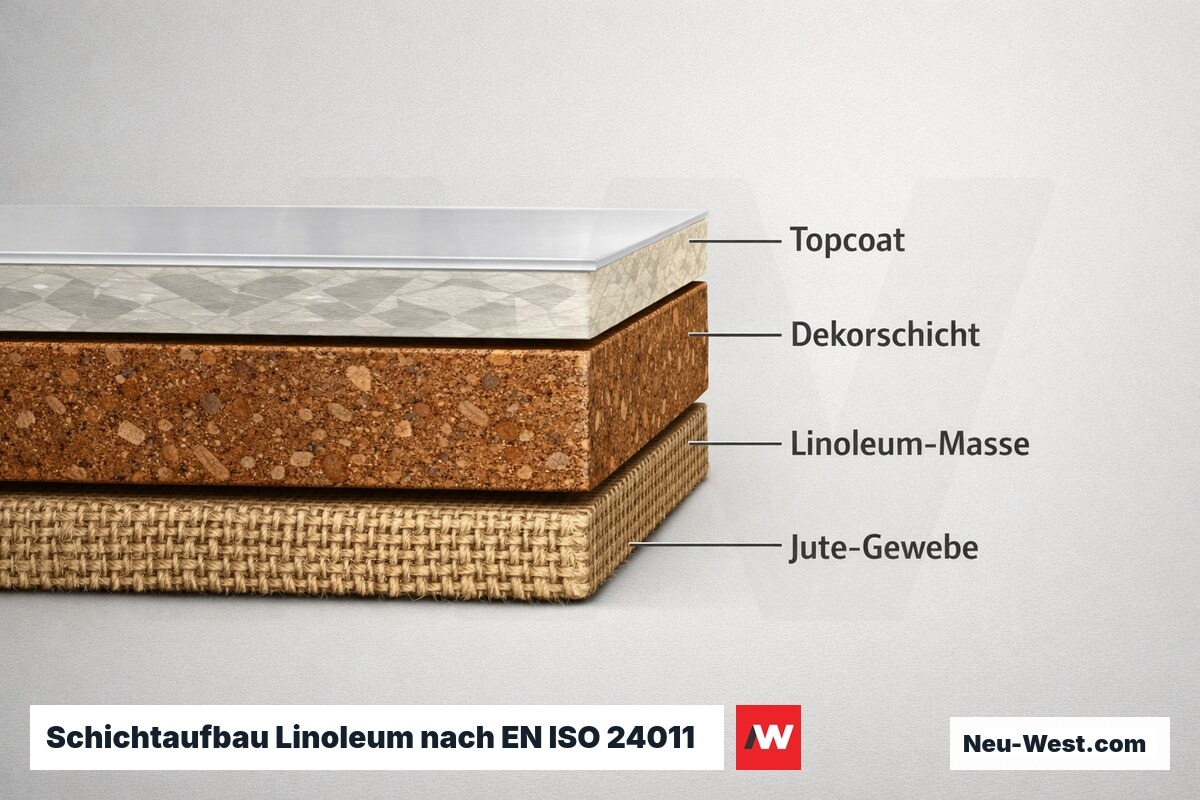 Schichtaufbau Linoleum nach EN ISO 24011 (2,0–4,0 mm Gesamtdicke) – Erklär-Grafik (NEUWEST Berlin)