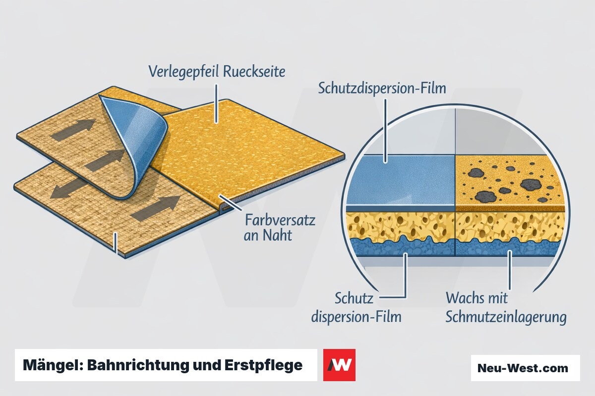 Erklär-Illustration: Verlegepfeile auf Linoleum-Rückseite und Farbversatz an der Naht sowie Querschnitt mit Schutzdispersion gegen Wachs-Schmutzeinlagerung.