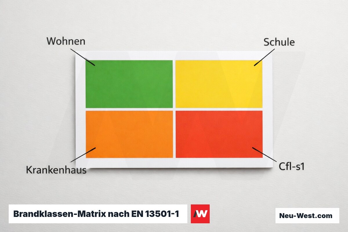 Brandklassen-Matrix nach EN 13501-1: Anforderungen je Gebaeudetyp – Erklär-Grafik (NEUWEST Berlin)