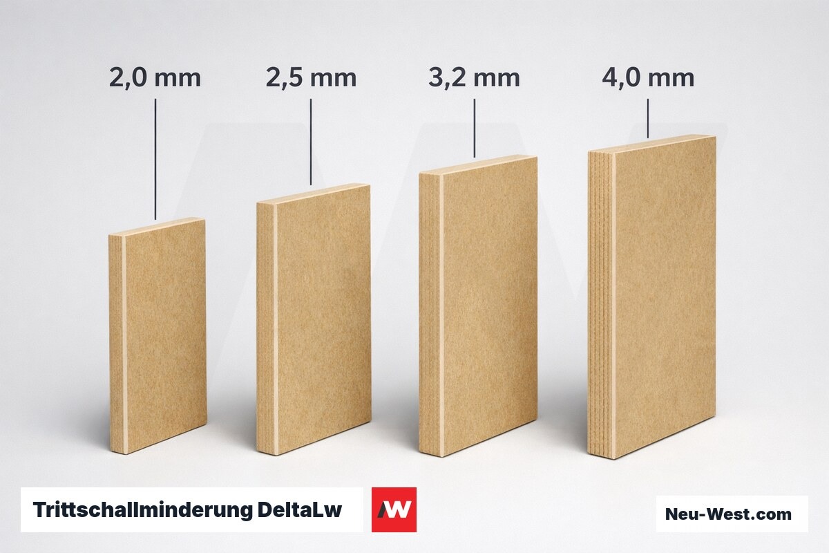 Trittschallminderung DeltaLw nach EN ISO 10140: Produktdicken im Vergleich – Erklär-Grafik (NEUWEST Berlin)