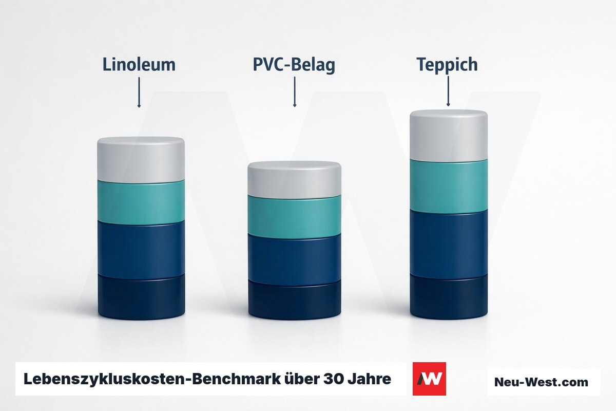 Lebenszykluskosten-Benchmark über 30 Jahre: Linoleum, PVC und Teppich (EUR/m2/a) – Erklär-Grafik (NEUWEST Berlin)