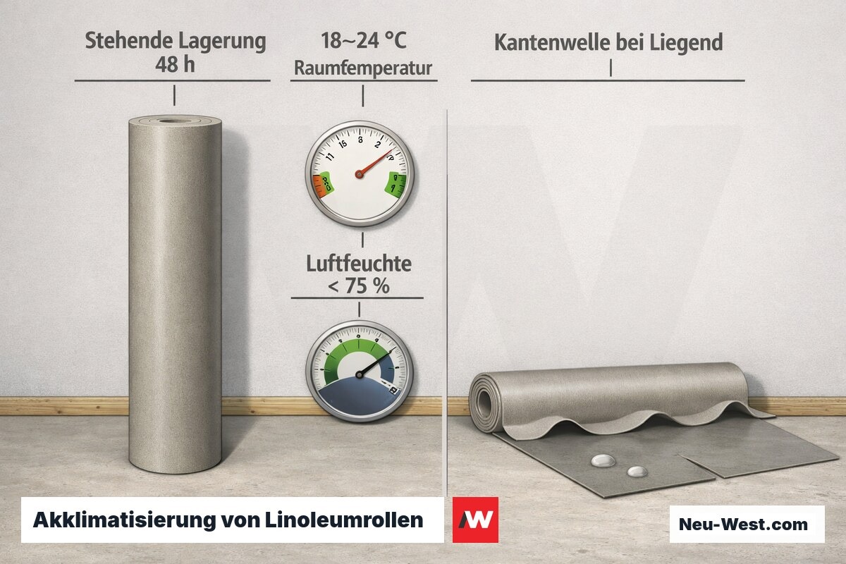 Vergleich: stehend akklimatisierte Linoleumrolle gegen liegend gelagerte Rolle mit Kantenwellen, Blasen und offenen Fugen bei 18–24 °C und unter 75 % Luftfeuchte.