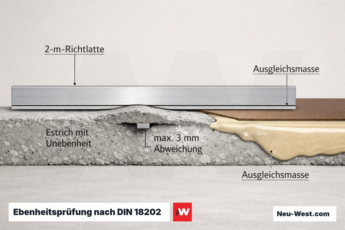 Querschnitt: 2-m-Richtlatte über Estrich mit Hügel, 3 mm Spalt gemessen, selbstverlaufende Ausgleichsmasse gleicht Unebenheit unter Linoleum aus.