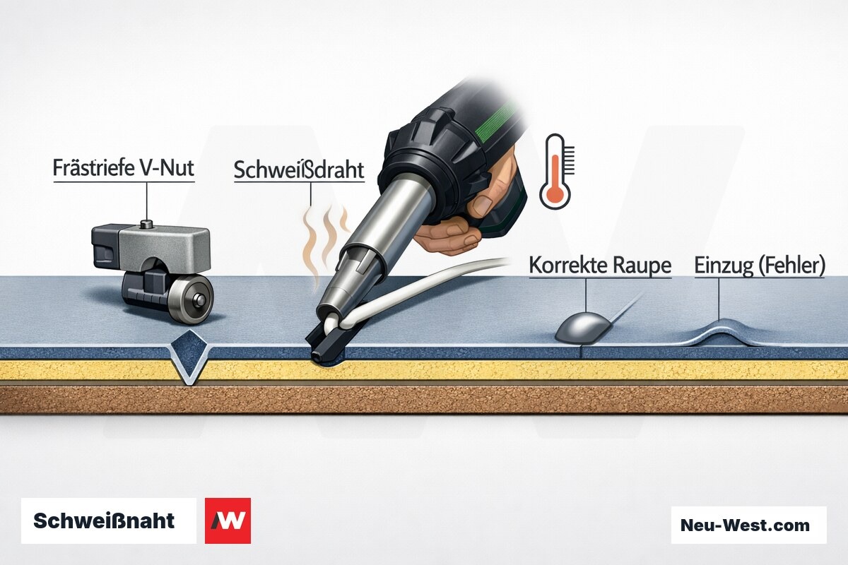 Querschnitt einer PVC-Bodenschweißnaht: gefräste V-Nut, Heißluftgerät mit Schweißdraht, korrekte Raupe und fehlerhafter Einzug durch zu frühes Abscheiden.