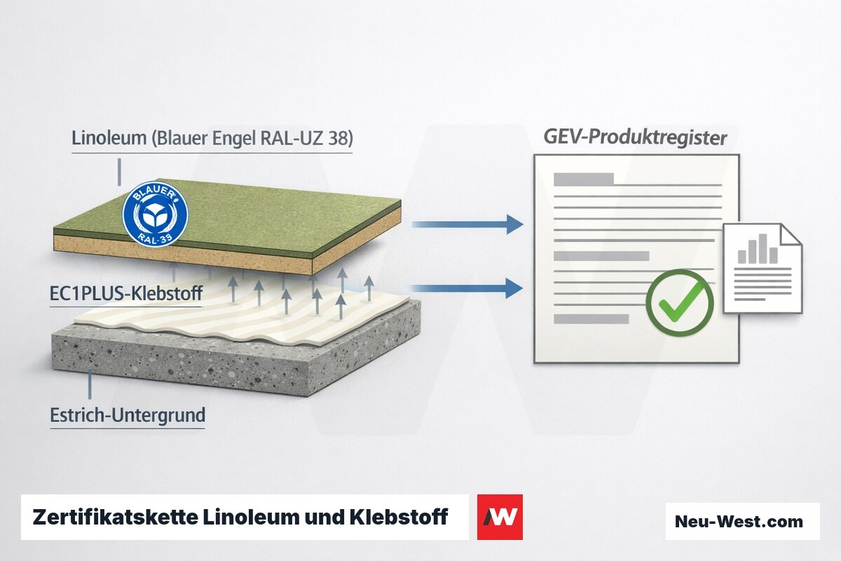 Erklär-Grafik: Linoleum mit Blauem Engel und EC1PLUS-Klebstoff auf Estrich, verknüpft mit dem GEV-Produktregister zur Nachprüfbarkeit.