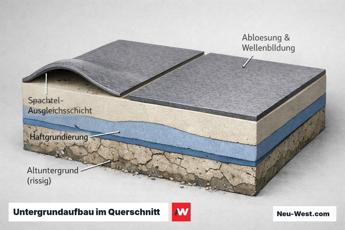 Querschnitt eines Fußbodenaufbaus mit rissigem Altuntergrund, Grundierung, Spachtelschicht und Bodenbelag, daneben Ablösung und Wellenbildung.