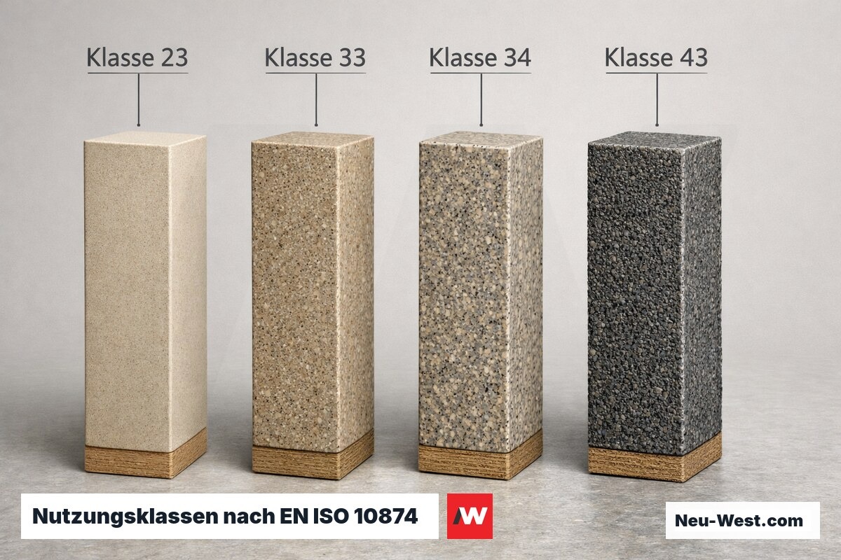 Nutzungsklassen nach EN ISO 10874: Linoleum-Einsatzbereiche – Erklär-Grafik (NEUWEST Berlin)