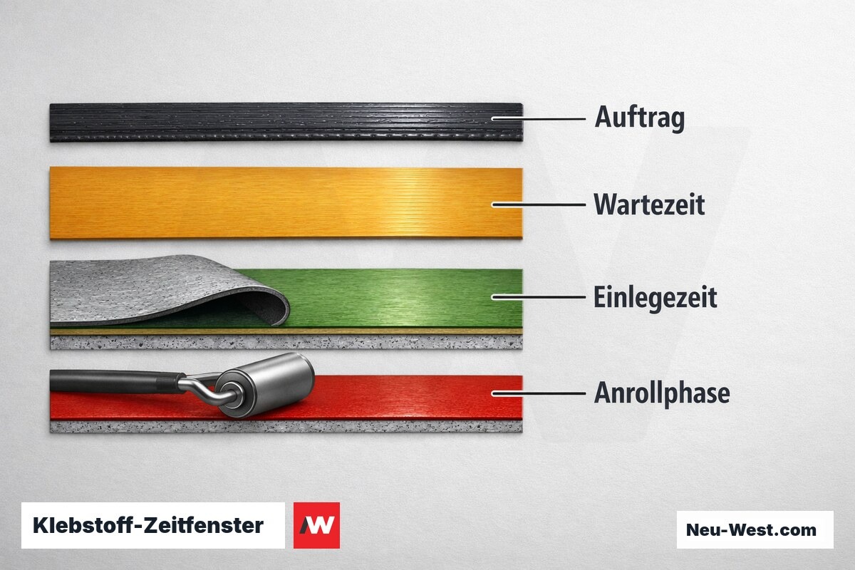 Klebstoff-Zeitfenster: Vollflaechenverklebung Linoleum – Erklär-Grafik (NEUWEST Berlin)