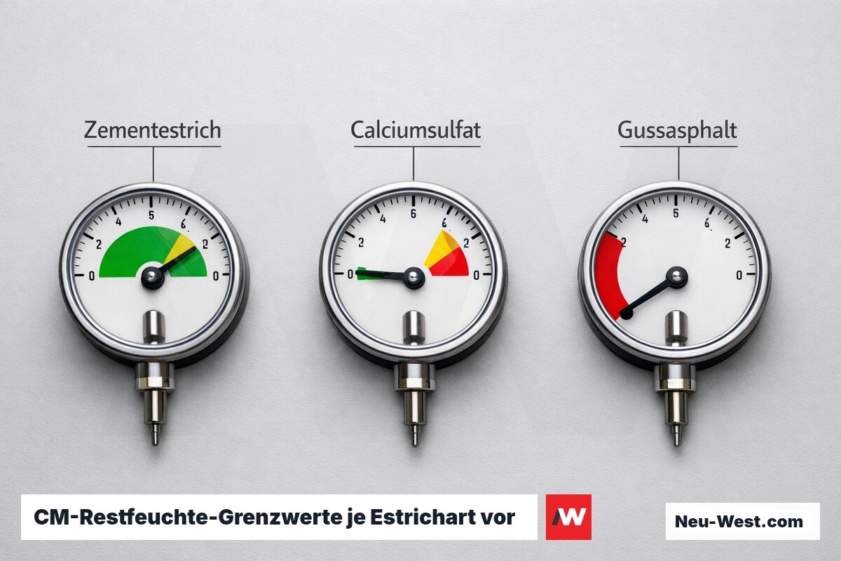CM-Restfeuchte-Grenzwerte je Estrichart vor Linoleum-Verlegung – Erklär-Grafik (NEUWEST Berlin)