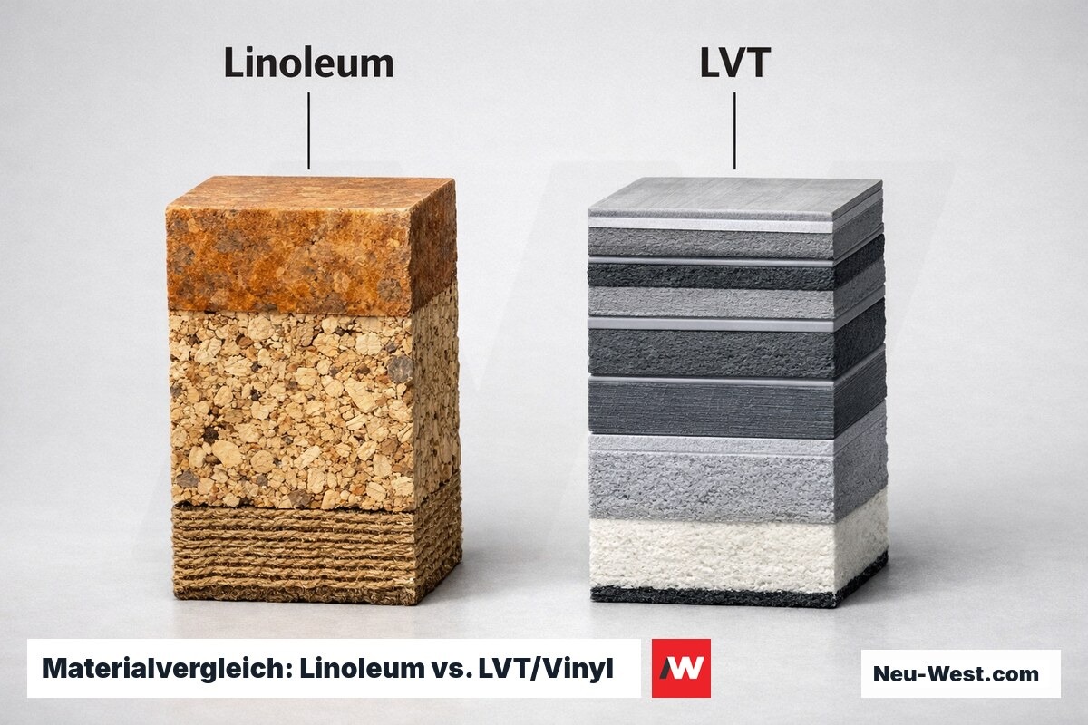Materialvergleich: Linoleum vs. LVT/Vinyl — Rohstoffe und Emissionen – Erklär-Grafik (NEUWEST Berlin)