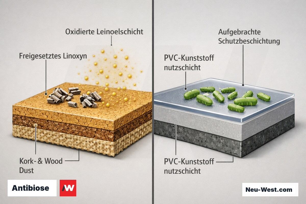 Vergleichs-Querschnitt: oxidierte Leinölschicht des Linoleums wirkt antibakteriell, PVC-Belag braucht dafür eine aufgebrachte Schutzbeschichtung.