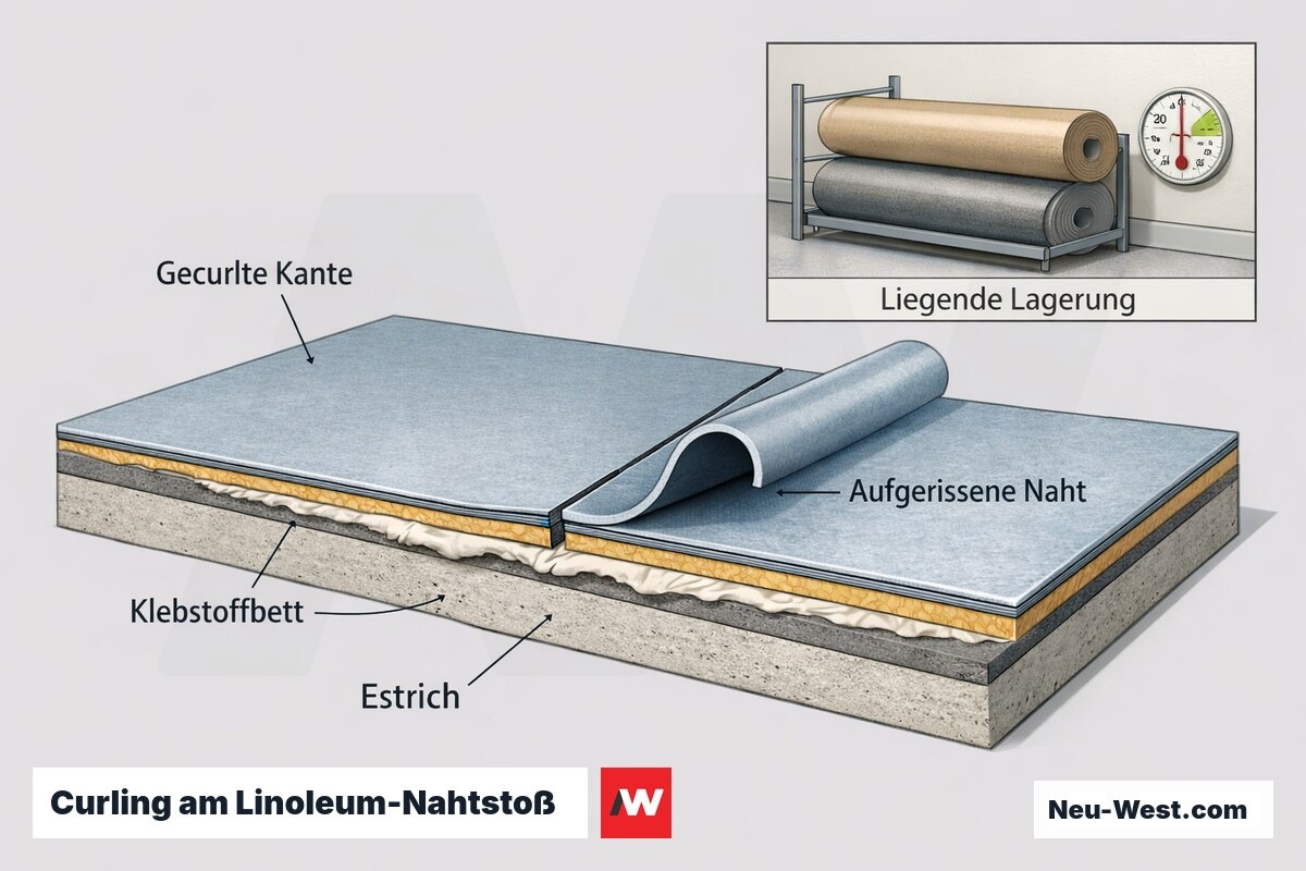 Querschnitt einer aufgewölbten Linoleum-Kante mit aufgerissener Naht über Klebstoffbett und Estrich, dazu liegende Rollenlagerung.