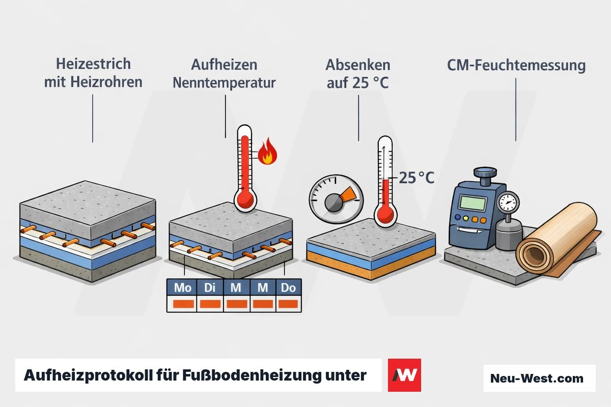 Ablaufgrafik des Aufheizprotokolls: Heizestrich, Aufheizen auf Nenntemperatur, Absenken auf 25 °C und CM-Feuchtemessung vor der Linoleumverlegung.