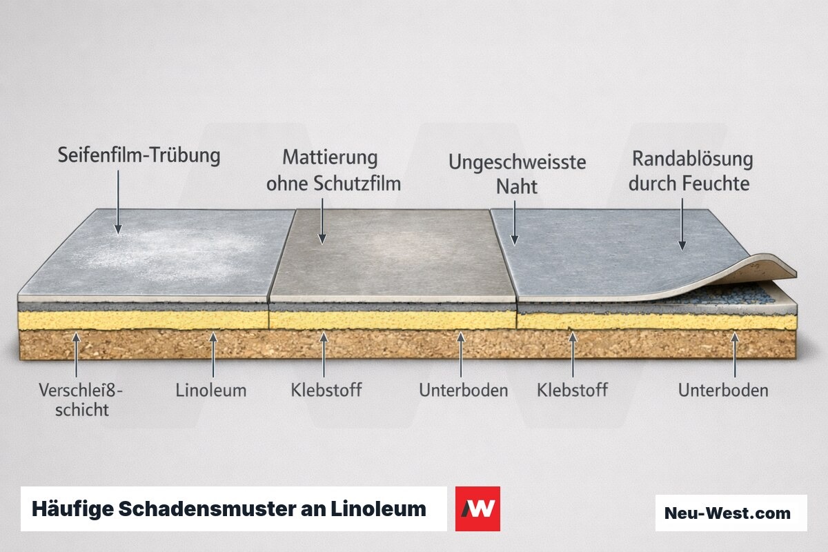 Detailillustration einer Linoleum-Oberfläche mit weißlicher Seifenfilm-Trübung, matter Stelle ohne Schutzfilm und Randablösung an einer ungeschweißten Naht durch Feuchtigkeit.