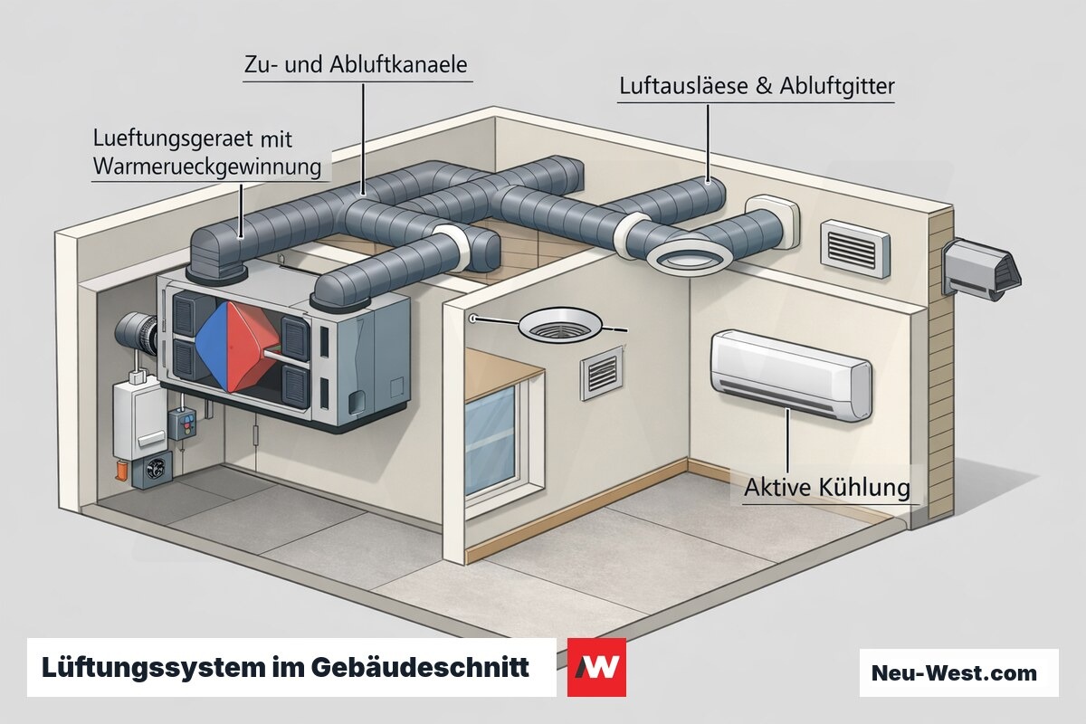 Gebäudeschnitt mit Lüftungsgerät samt Wärmerückgewinnung, Zu- und Abluftkanälen, Luftauslässen und aktiver Kühlung.