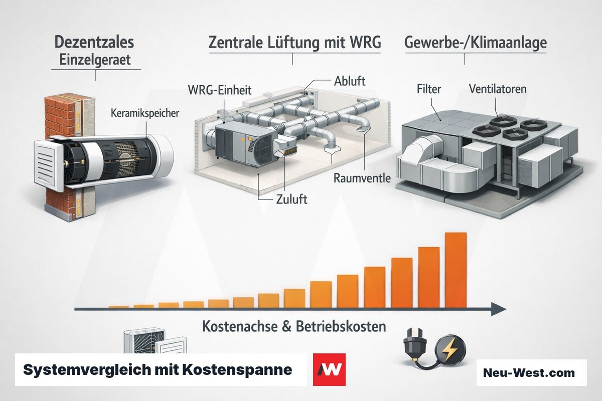 Vergleichs-Cutaway von dezentralem Gerät, zentraler Lüftung mit Wärmerückgewinnung und Gewerbe-Klimaanlage entlang einer steigenden Kostenachse.