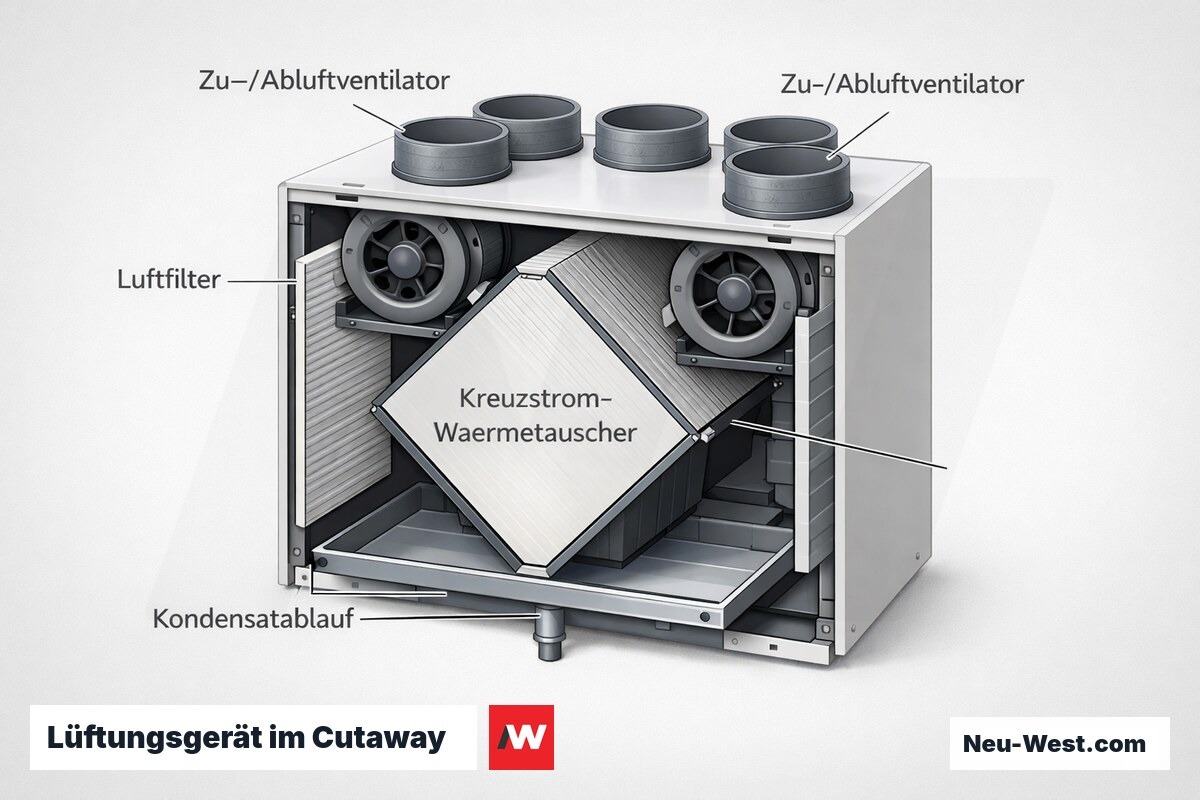 Aufgeschnittenes Lüftungsgerät mit Kreuzstrom-Wärmetauscher, zwei Ventilatoren, Luftfiltern und Kondensatablauf sowie vier Anschlussstutzen.