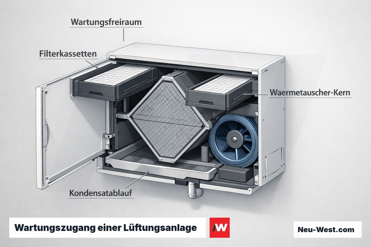Cutaway einer zentralen Lüftungsanlage mit ausziehbaren Filterkassetten, Wärmetauscher-Kern, Kondensatablauf und Wartungsfreiraum.