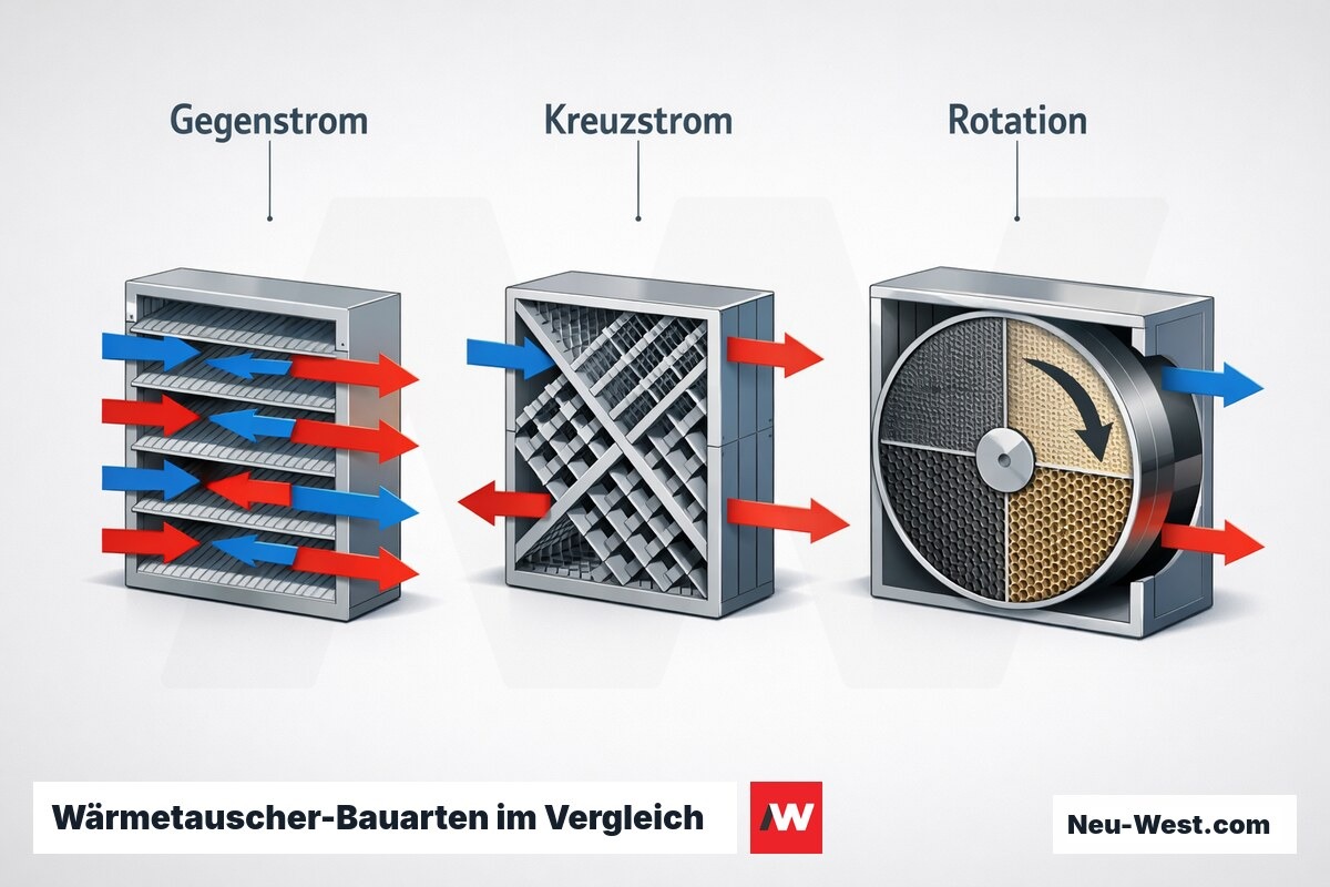 Wärmetauscher-Bauarten im Vergleich: Gegenstrom, Kreuzstrom, Rotation – Erklär-Grafik (NEUWEST Berlin)
