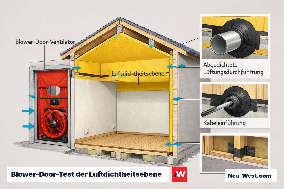 Cutaway-Illustration eines Blower-Door-Tests: Ventilator in der Tür, durchgehende Luftdichtheitsebene und abgedichtete Durchführungen an Lüftung und Kabeln.