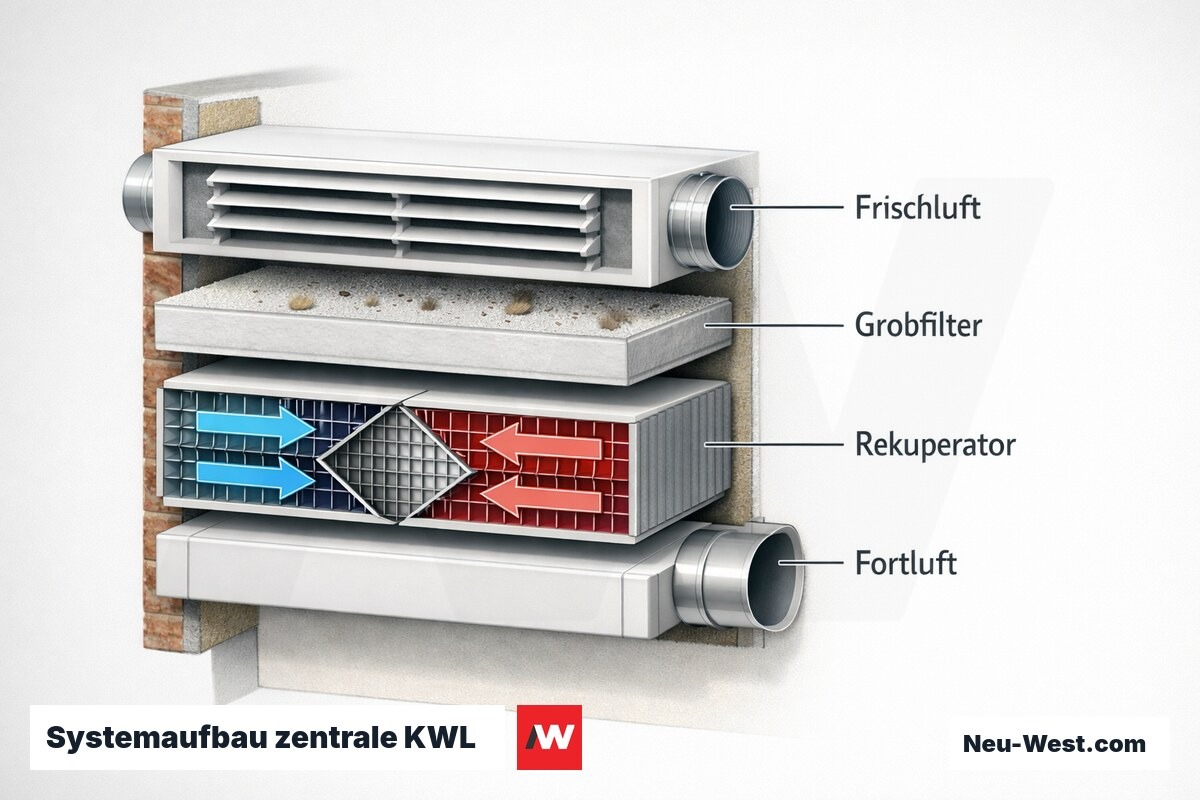Systemaufbau zentrale KWL: Luftführung und Kernkomponenten – Erklär-Grafik (NEUWEST Berlin)