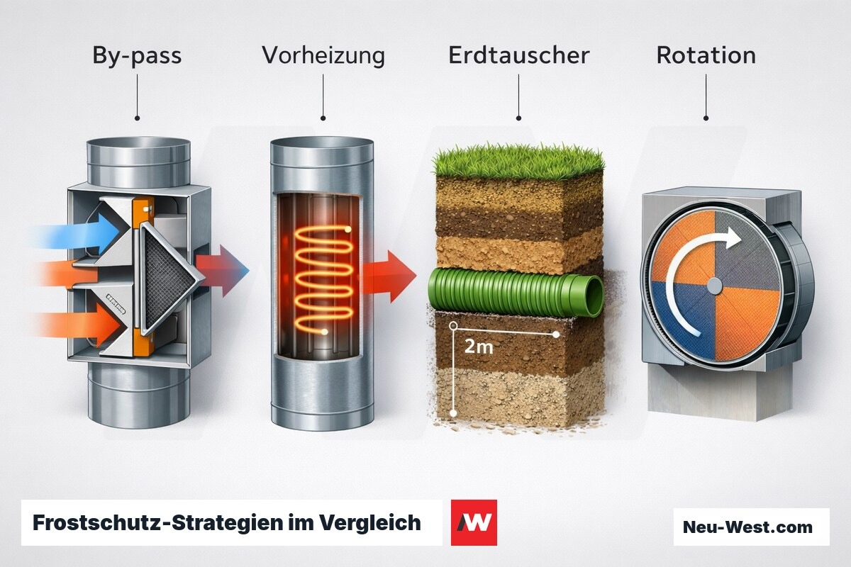 Frostschutz-Strategien im Vergleich: Sicherheit, Energiebedarf, Investition – Erklär-Grafik (NEUWEST Berlin)