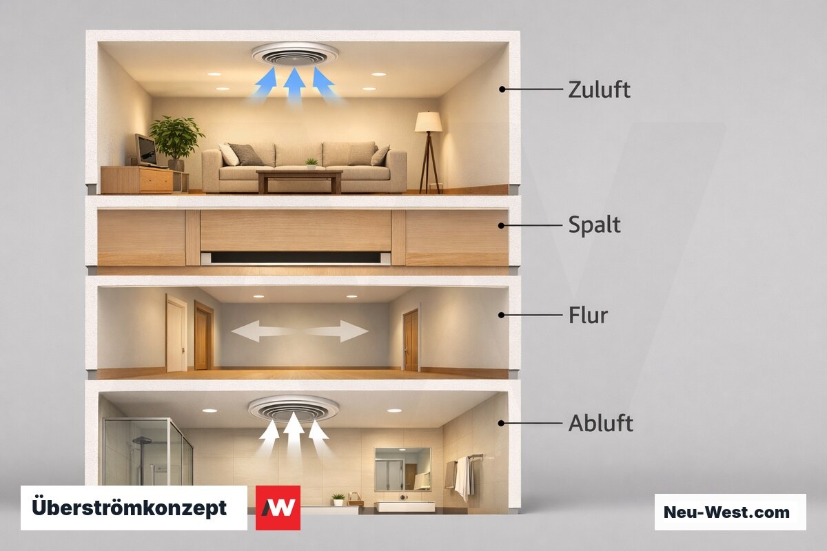 Überströmkonzept: Kaskadenführung von Zuluft- zu Abluft-Räumen – Erklär-Grafik (NEUWEST Berlin)