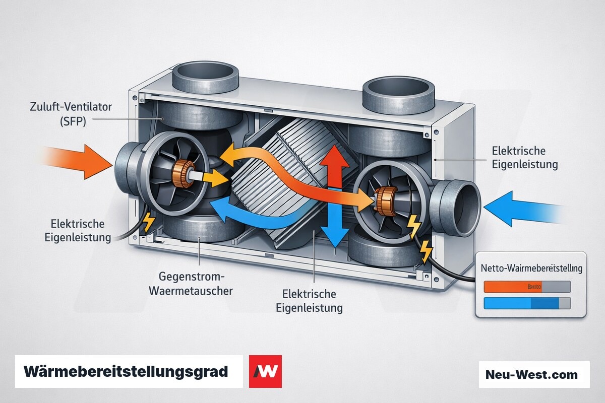 Cutaway eines Lüftungsgeräts mit Wärmetauscher und zwei Ventilatoren, das zeigt, wie die elektrische Ventilatorleistung (SFP) von der zurückgewonnenen Wärme abgezogen wird.