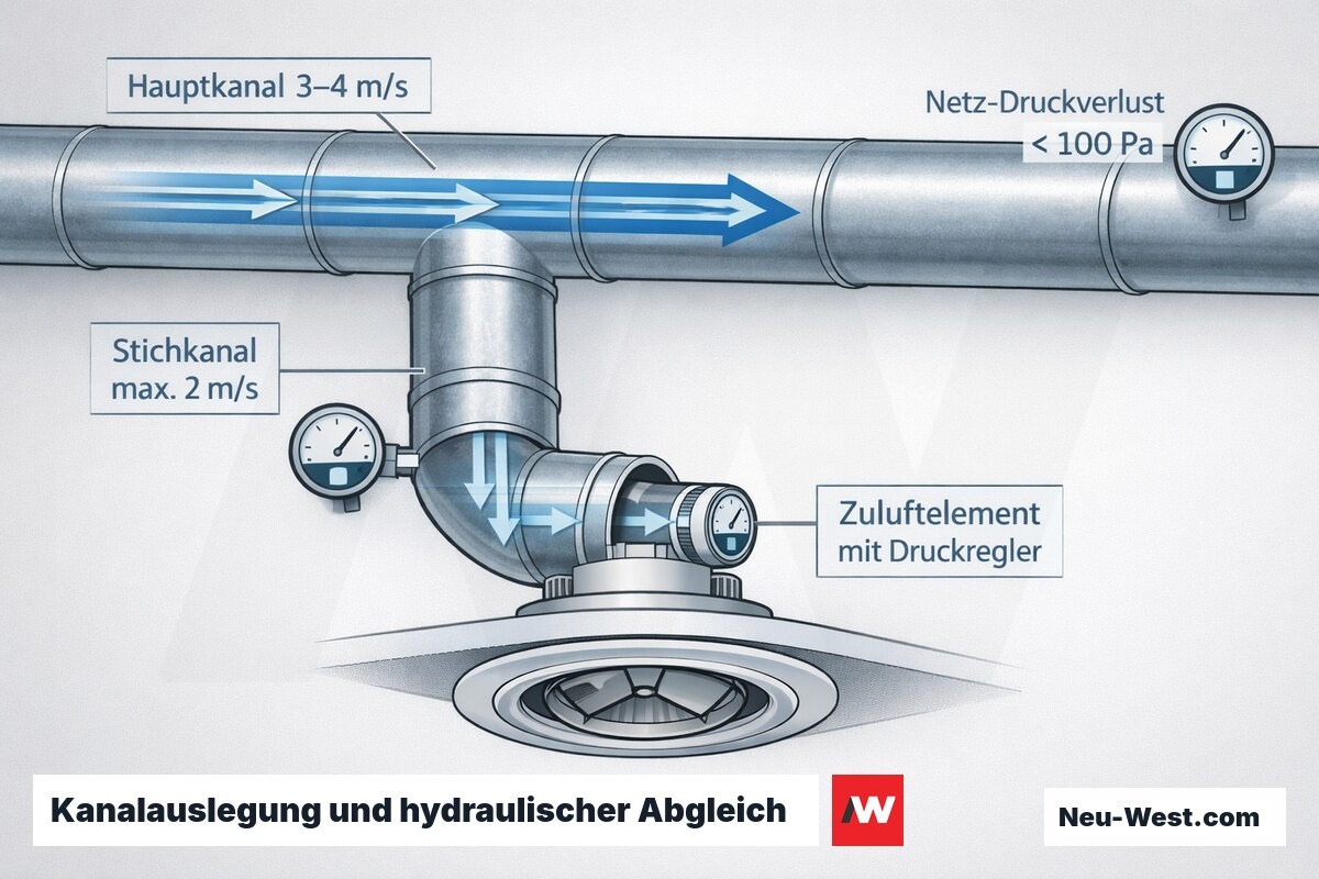 Querschnitt-Diagramm eines KWL-Kanalnetzes mit Hauptkanal, Stichkanal, Strömungsgeschwindigkeiten und Zuluftelement mit integriertem Druckregler.