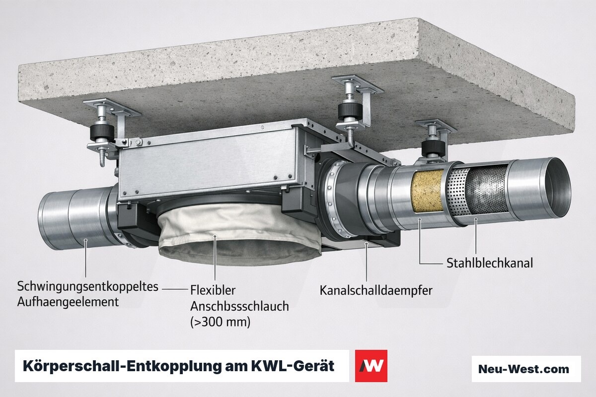 Querschnitt eines KWL-Geräts an Betondecke mit flexiblem Anschlussschlauch, entkoppelter Aufhängung, Schalldämpfer und Stahlblechkanal.