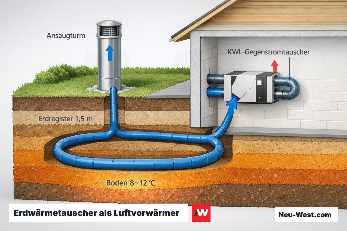 Querschnitt: Ansaugturm, 1,5 m tiefes Erdregister und KWL-Gegenstromtauscher nutzen die konstante Bodentemperatur von 8–12 °C zur Luftvorwärmung.