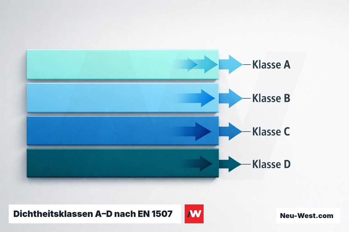 Dichtheitsklassen A–D nach EN 1507 / EN 12237 – Erklär-Grafik (NEUWEST Berlin)