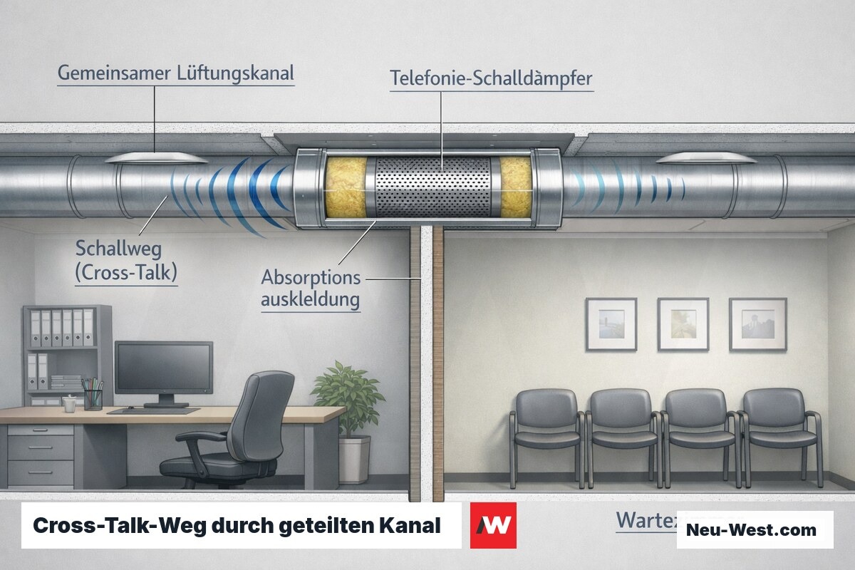 Querschnitt: gemeinsamer Lüftungskanal verbindet Büro und Wartezimmer, Schallweg wird durch eingebauten Telefonie-Schalldämpfer gedämpft.