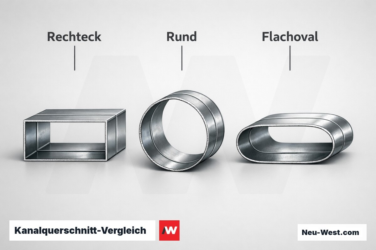 Kanalquerschnitt-Vergleich: hydraulischer Durchmesser, Widerstand und Platzbedarf – Erklär-Grafik (NEUWEST Berlin)