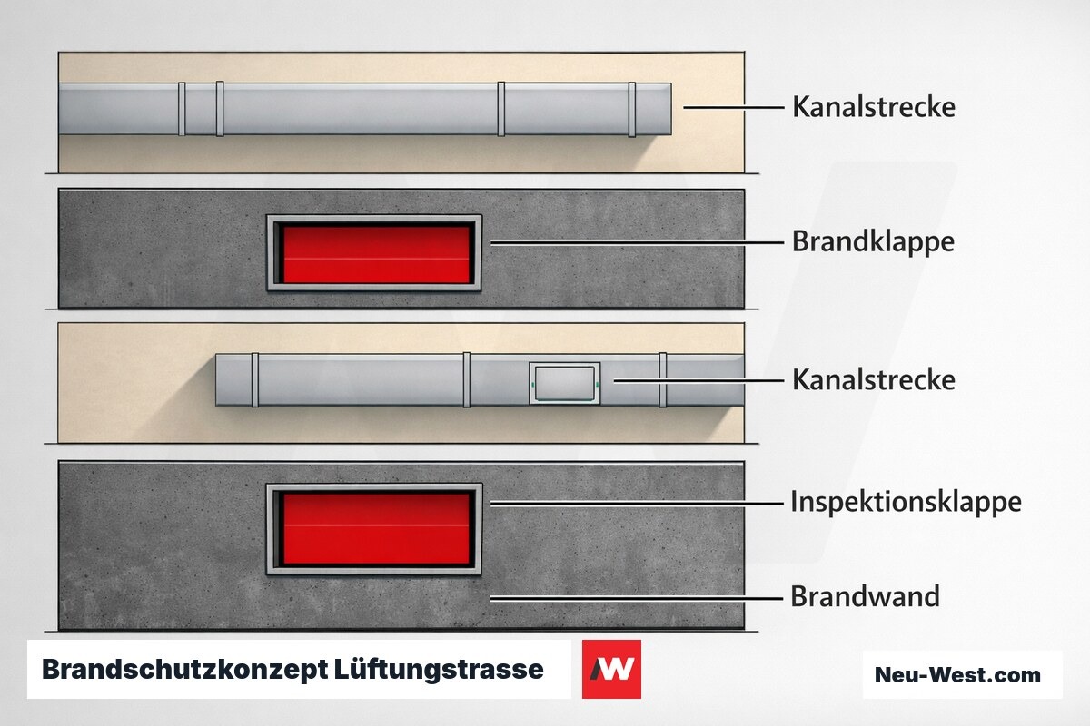 Brandschutzkonzept Lüftungstrasse: Klappenposition, Abstandsregel und Wartungszugang – Erklär-Grafik (NEUWEST Berlin)