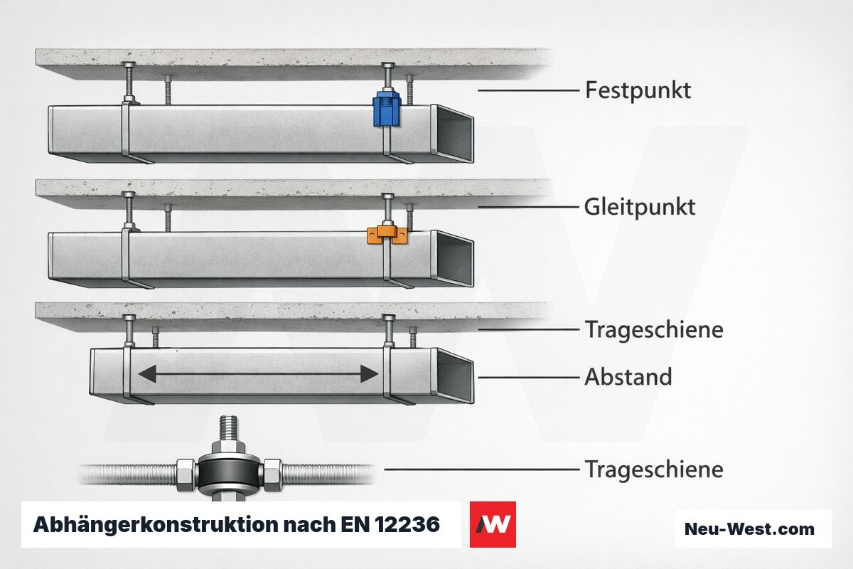 Abhängerkonstruktion nach EN 12236: Festpunkt, Gleitpunkt und Abstandsregel – Erklär-Grafik (NEUWEST Berlin)