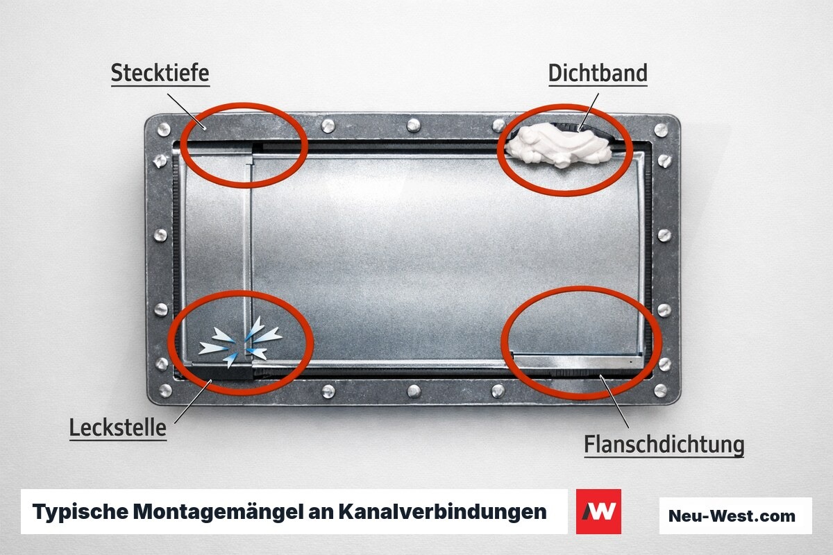 Typische Montagemängel an Kanalverbindungen und Auswirkung auf die Dichtheitsklasse – Erklär-Grafik (NEUWEST Berlin)