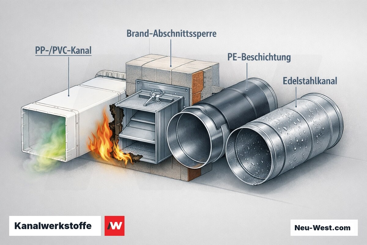 Cutaway-Vergleich: PP-/PVC-Kanal für Chemieabluft, Brand-Abschnittssperre, PE-beschichteter Stahl und kondensierender Edelstahlkanal unter Taupunkt.