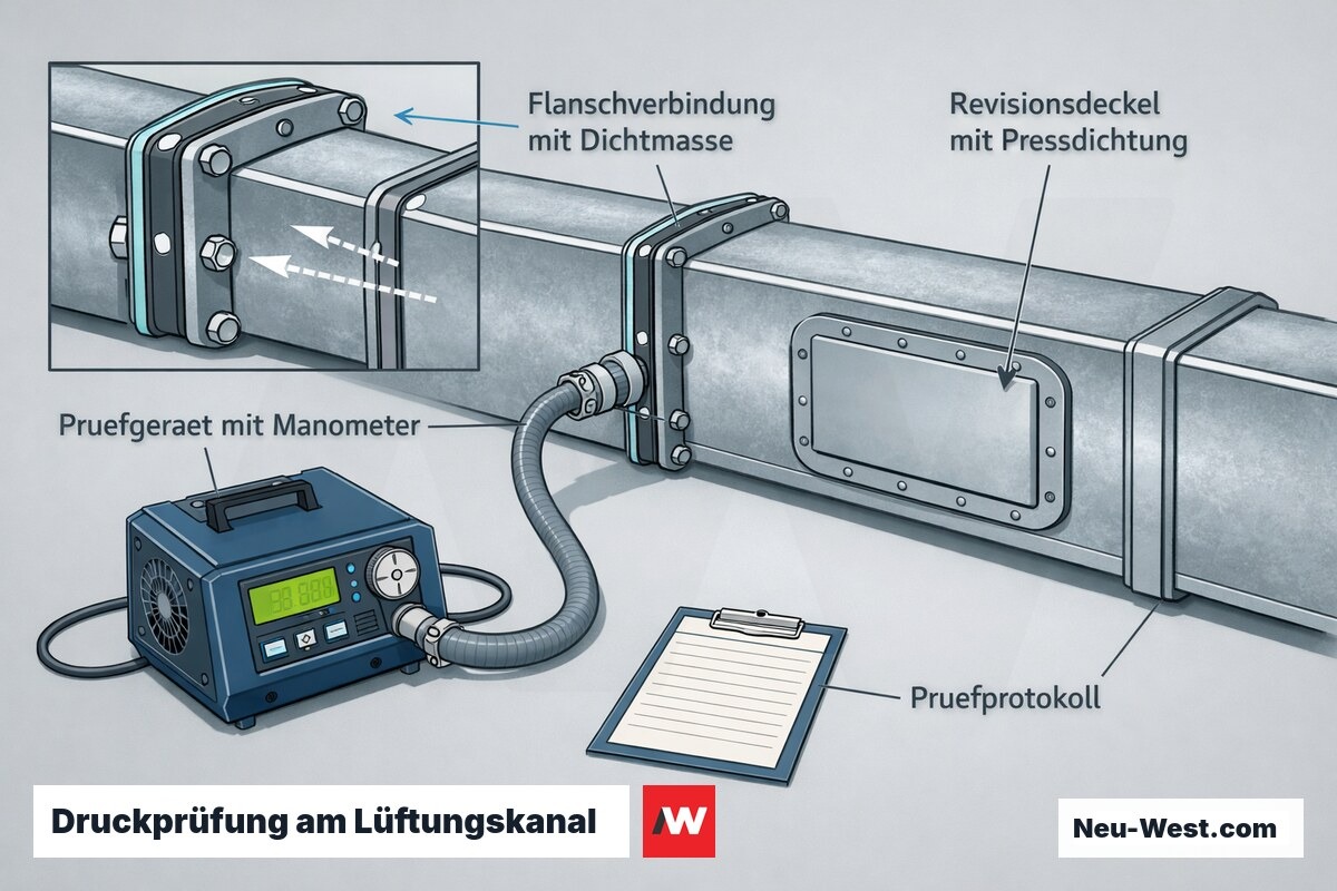 Erklär-Illustration einer Druckprüfung am Lüftungskanal: Prüfgerät, Flanschverbindung, Revisionsdeckel und Prüfprotokoll im Cutaway.