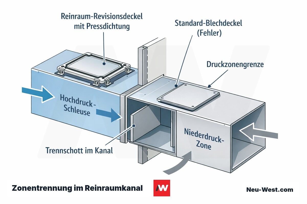 Querschnitt eines Lüftungskanals zwischen zwei Reinraum-Druckzonen mit Trennschott und normkonformem Revisionsdeckel mit Pressdichtung