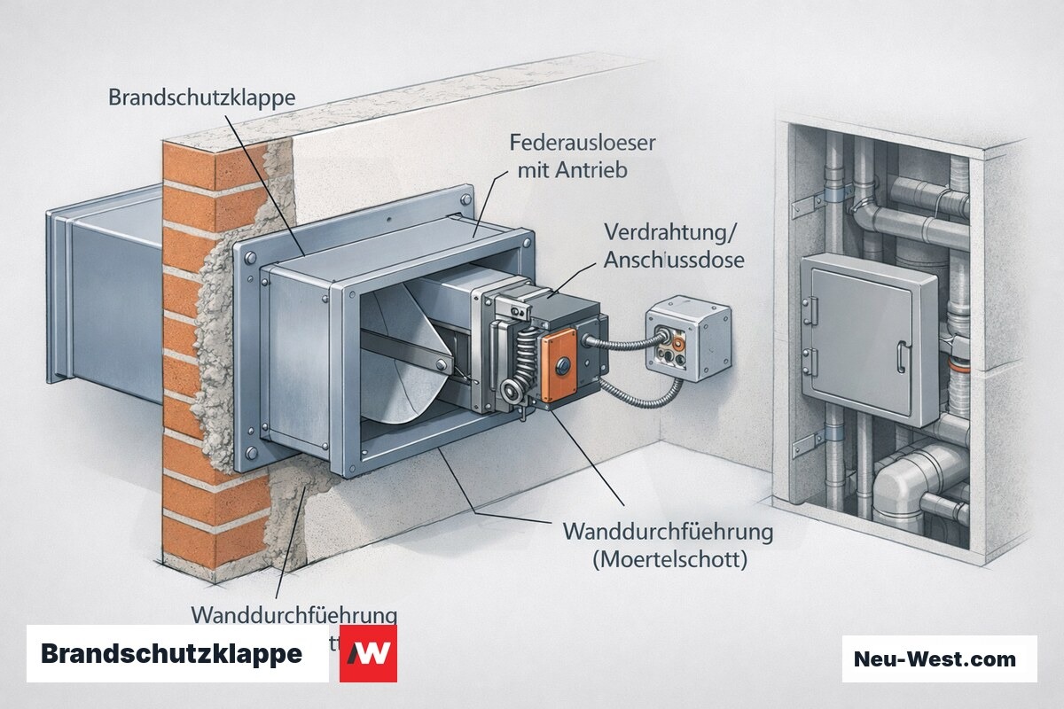 Cutaway-Erklärgrafik einer Brandschutzklappe in Lüftungskanal mit Wanddurchführung, Federauslöser, Verdrahtung und beengter Schachtmontage.