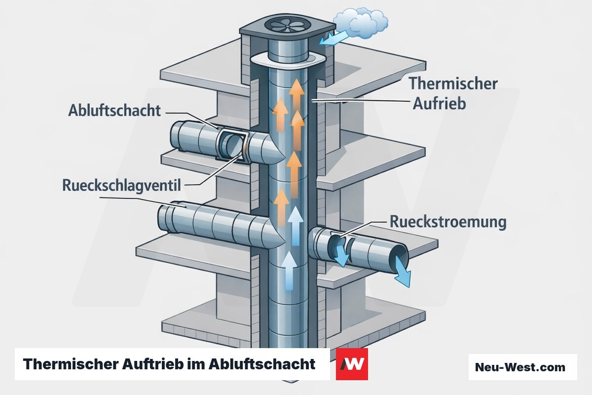 Querschnitt eines vertikalen Abluftschachts mit thermischem Auftrieb, Rückschlagventil und Rückströmung in einem Berliner Hochhaus im Winterbetrieb.