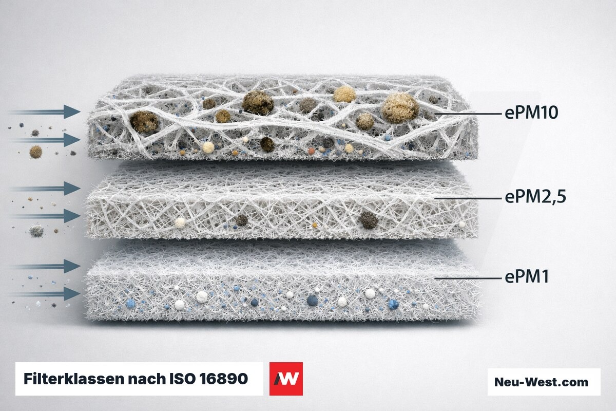 Filterklassen nach ISO 16890 — was bleibt in Berliner Stadtluft hängen – Erklär-Grafik (NEUWEST Berlin)