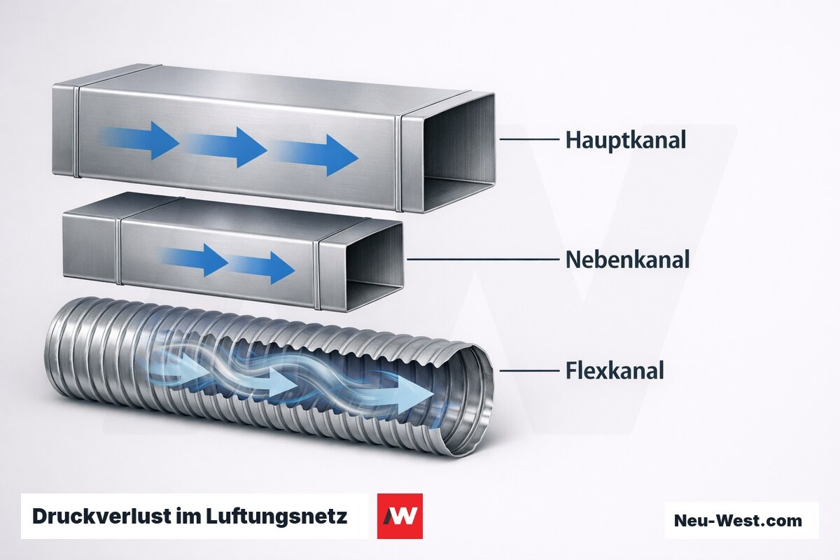 Druckverlust im Luftungsnetz — Richtwerte nach Kanaltyp – Erklär-Grafik (NEUWEST Berlin)