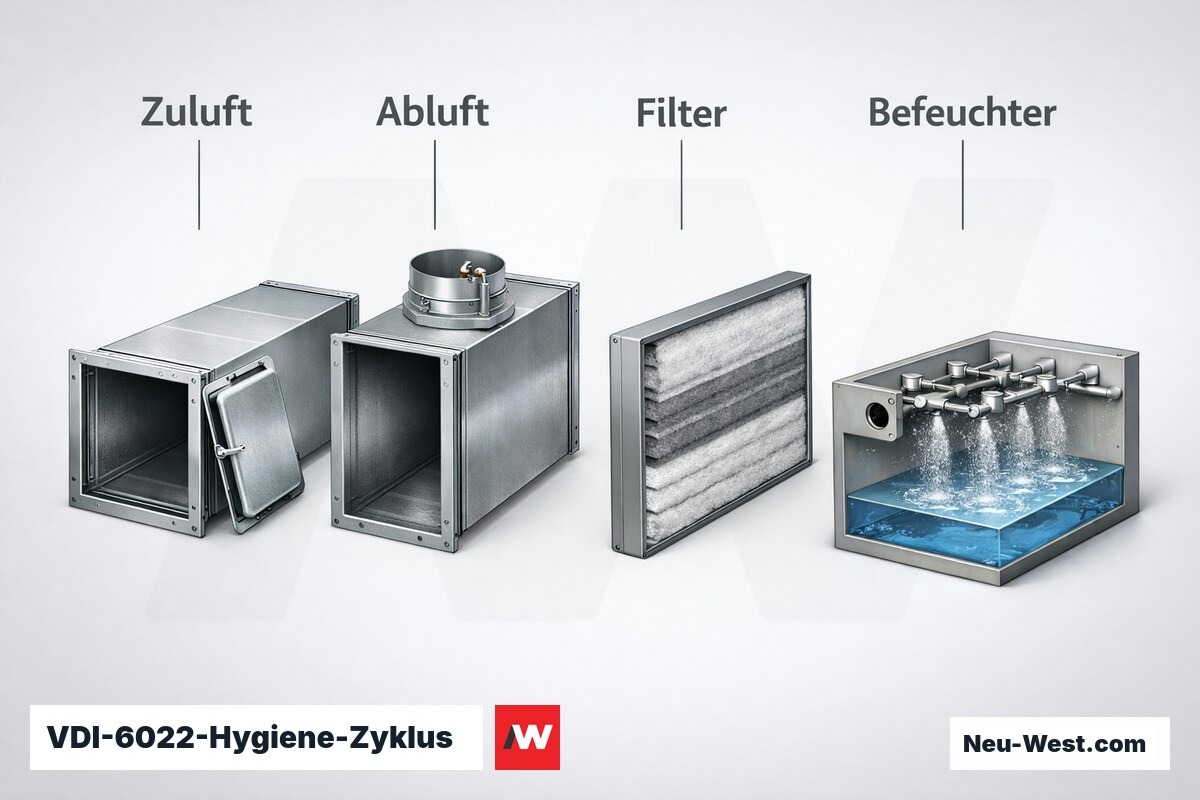 VDI-6022-Hygiene-Zyklus: Inspektions- und Reinigungsintervalle – Erklär-Grafik (NEUWEST Berlin)