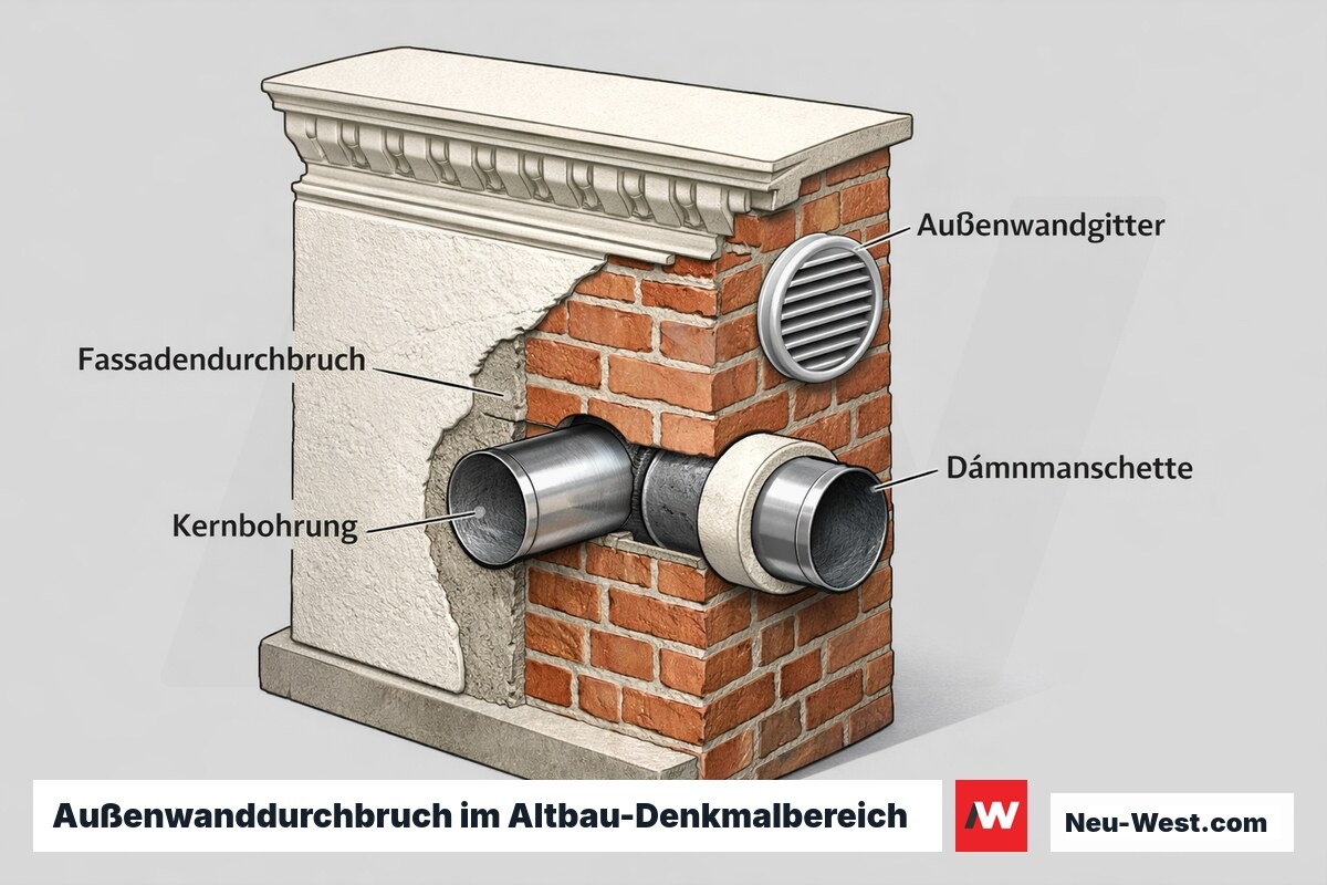 Querschnitt einer Berliner Altbau-Außenwand mit Lüftungsdurchbruch, Kernbohrung, Dämmmanschette und Außenwandgitter in denkmalgeschützter Fassade.