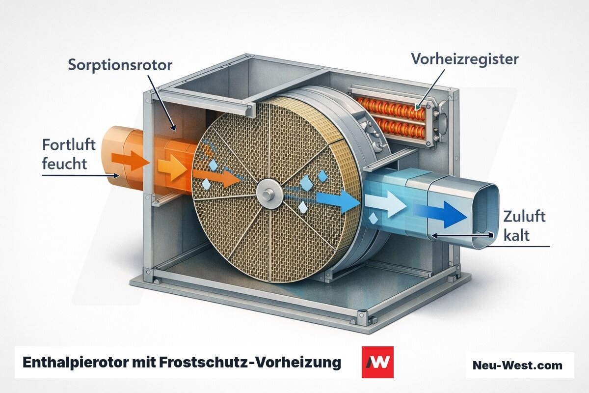 Cutaway eines Enthalpierotors zwischen Fort- und Zuluftkanal mit Feuchteübertragung und elektrischem Vorheizregister als Frostschutz.